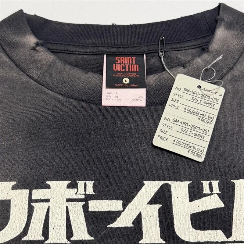 

Черные потертые футболки с длинными рукавами SAINT Mxxxxxx с мультяшным принтом для мужчин и женщин, 1:1, лучшее качество, пуловеры из плотной ткани из чистого хлопка