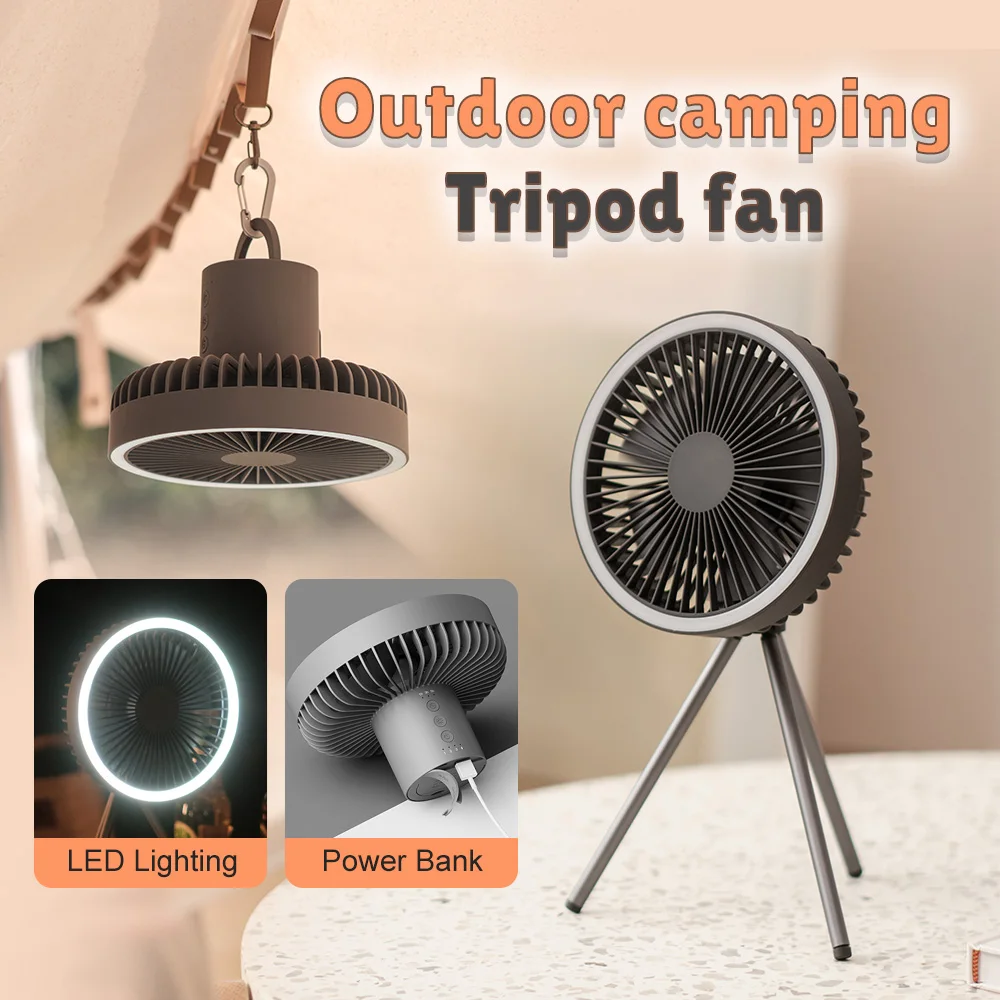 10000mAh Camping Fan Rechargeable Desktop Portable Circulator Wireless Ceiling Electric Fan with Power Bank LED Lighting Tripod