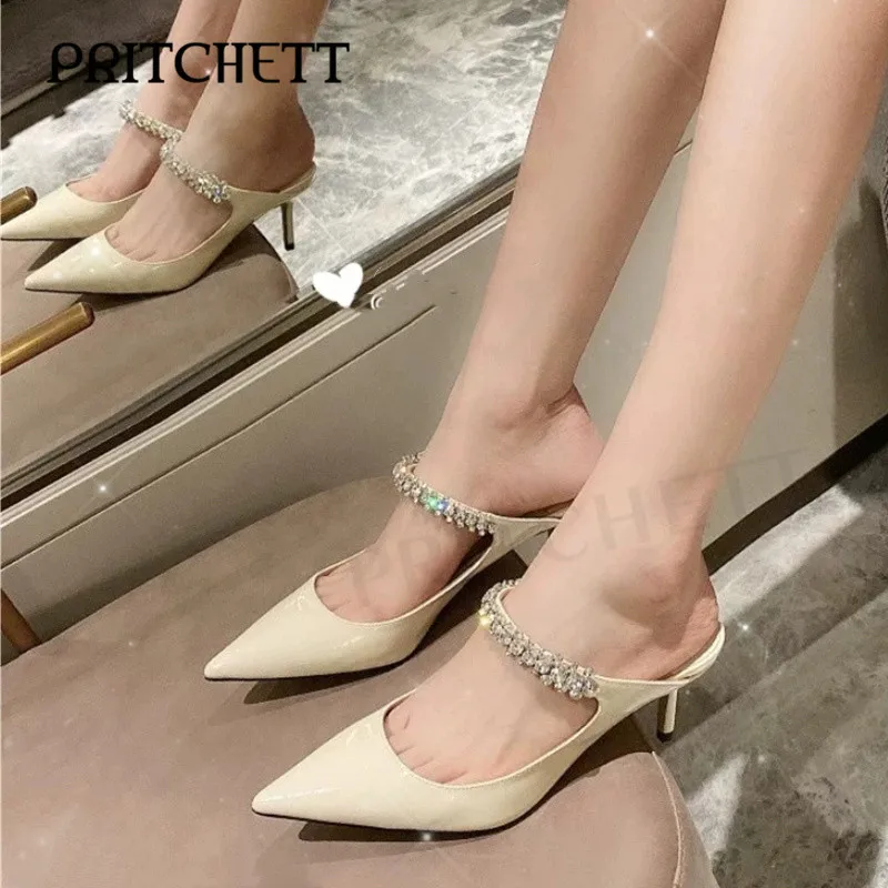 Sparkling Diamond Pointed Toe Slippers Stiletto Heels Sexy Beige Pumps with Empty Back Fashionable and Elegant Women's Shoes