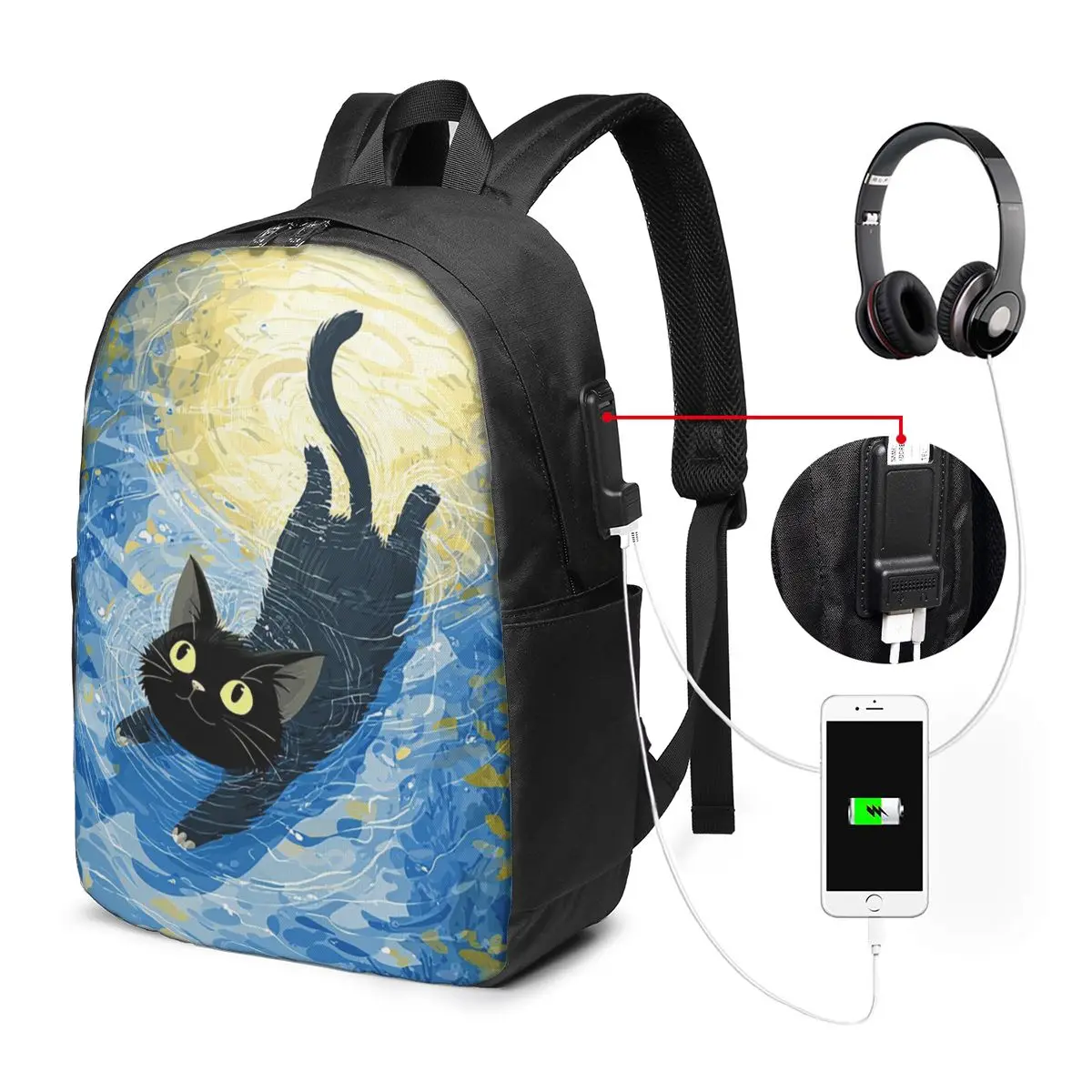 Cute And Playful Cat Swimming Print Backpack Travel Notebook Bag Computer College Student School Bag Laptop Shoulder Bags