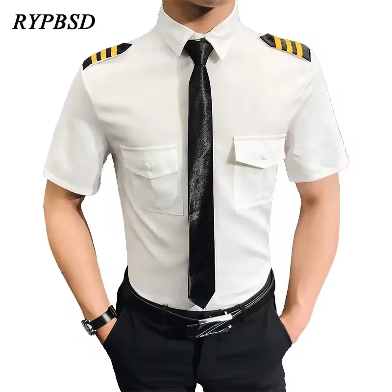 Men White Pilot Uniform Shirt Short Sleeve Slim Fit Lightweight Summer Aviation Dress Shirt Men Captain Office Cosplay Clothes