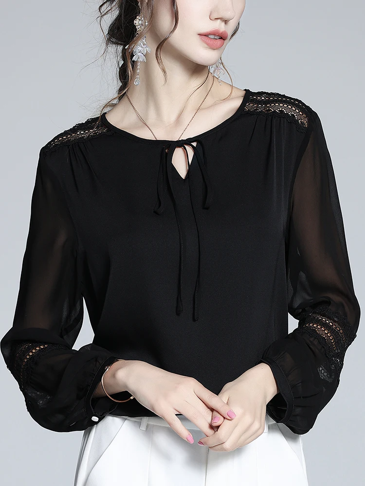 EVNISI Vintage Elegant Black Hollow Out Chiffon Blouse Shirt Women Solid Casual Blouse Long Sleeve Loose Tops Feminina Blusa