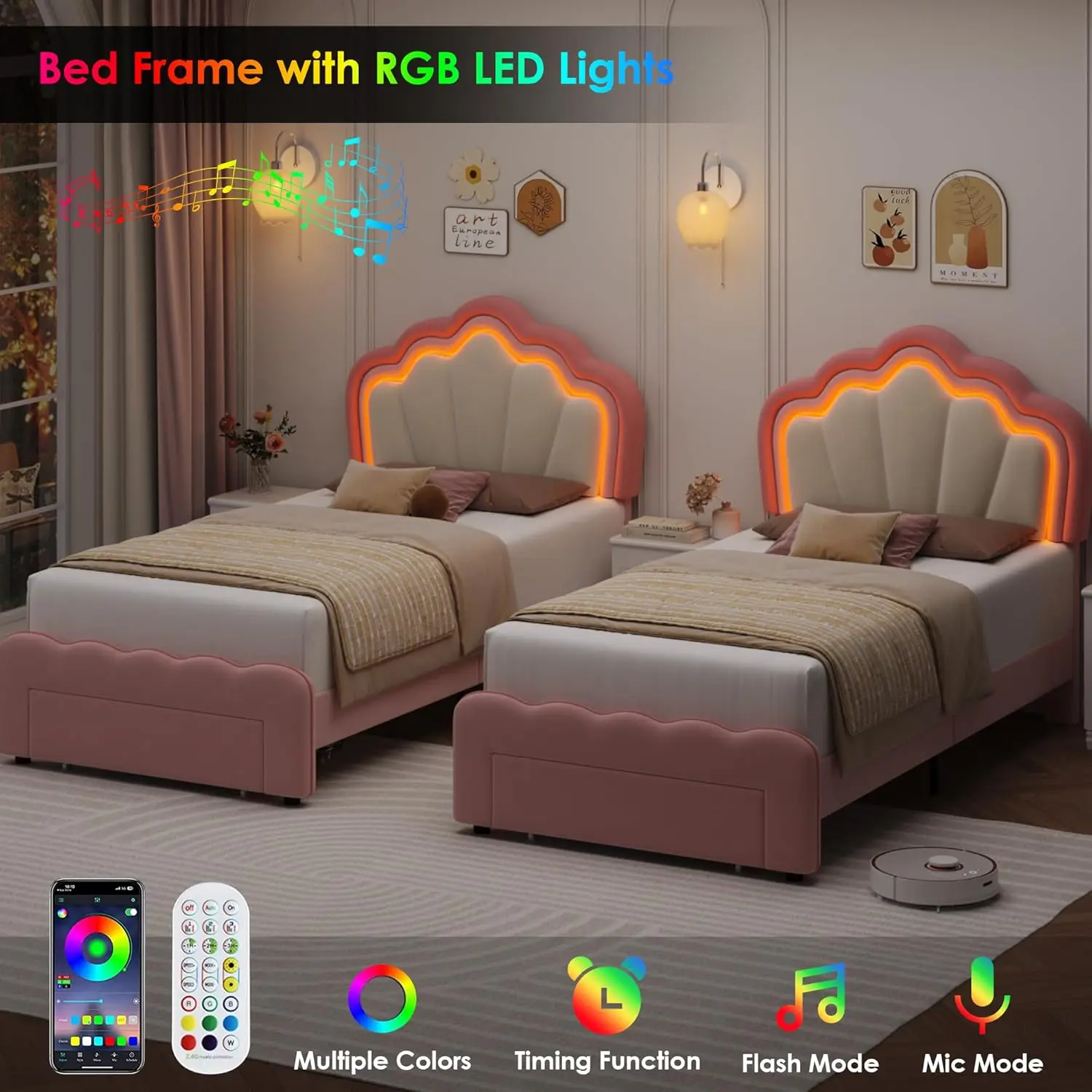 Quadro de cama LED com gaveta de armazenamento, ajustável Lotus Cabeceira, Velvet Princesa Plataforma Cama, Twin cama estofada, Cute Girls