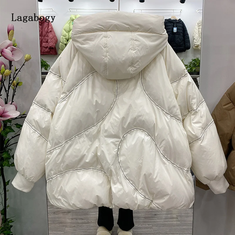 

90% 2023 White New Winter Duck Women Down Coat Hooded Loose Thick Warm Puffer Jacket Female Short Casual Zipper Parkas