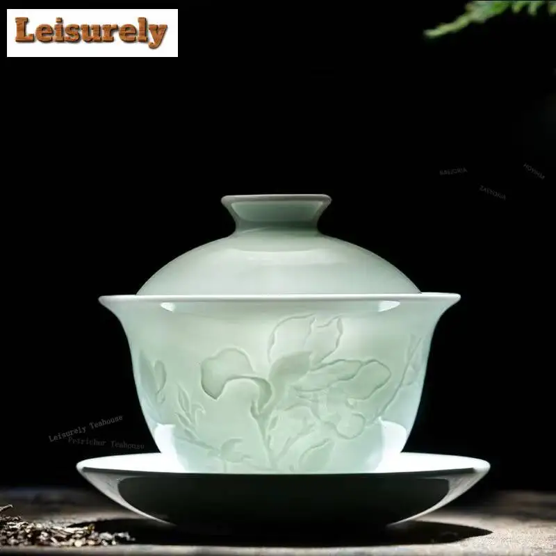 150ml Misty Blue Engrave Flower Gaiwan Retro Tea Tureen Tea Bowl With Lid Kit Tea Maker Cover Bowl Kung Fu Tea Set Supplies Gift