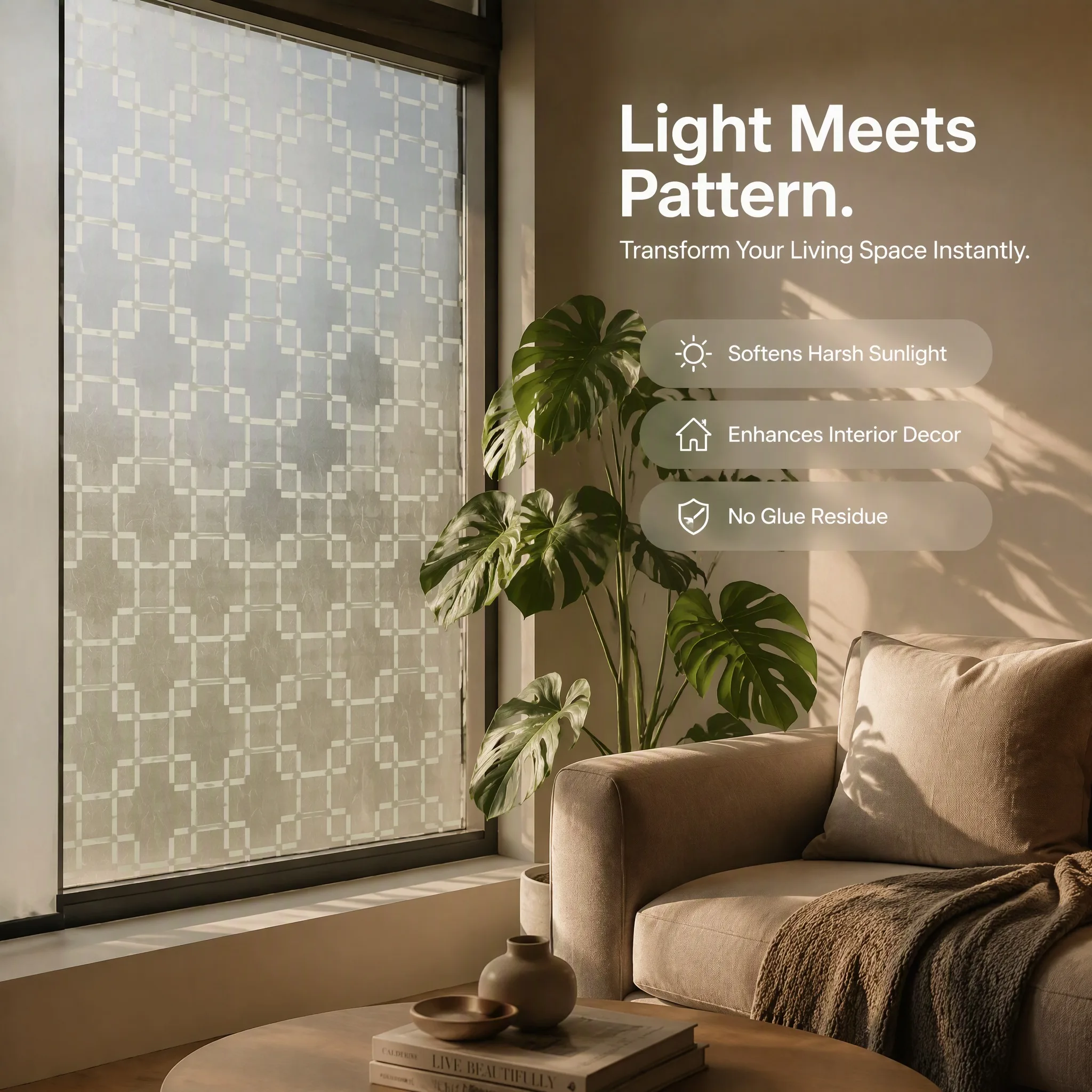 Silver Geometric Lattice Self-Adhesive Frosted Window Film Privacy Light Transmit Glass Decor Sticker