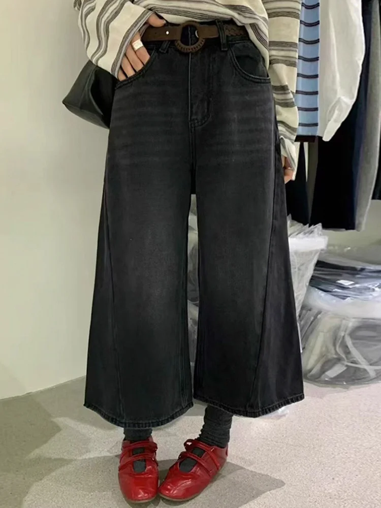 

High Waist Loose Fit Casual Wide Leg Jeans Women's plus Size Black Grey Nine-Piece Spring Autumn High Waist Loose Jeans