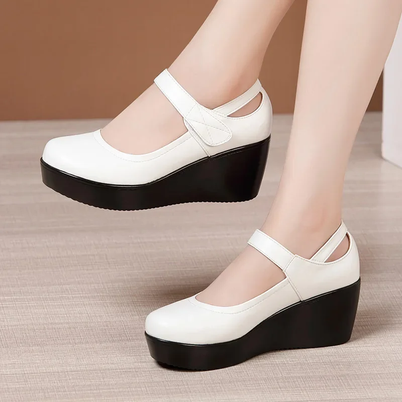 Small Size 32-43 Shallow Med Block Heels Mary Janes Women Pumps 2024 Comfortable Platform Wedges Shoes for Office Mom Model