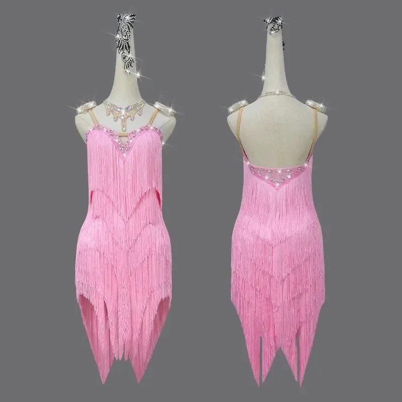 

Ballroom Fringe Dress Practice Wear Line Suit Female Clothes Girls Pink Professional Latin Dance Competition Costume Adult Women