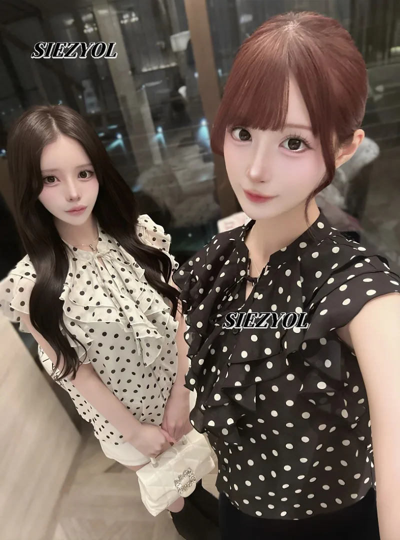 Short Sleeve Shirt Summer New Arrival Japanese Style Sweet Ruffle Sleeve Polka Dot Pattern Contrast Color Micro See-through Tops