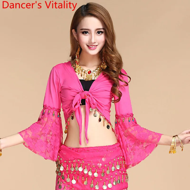 New Belly dance top Lace belly dance Flared Sleeve Cut out bandage top Oriental dance training top Indian dance Clothes costumes