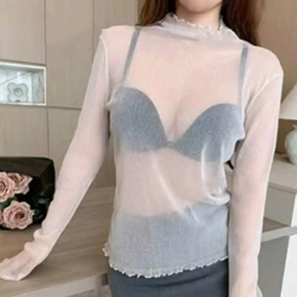 Damen-Spitzenoberteil, elegante Spitze, halbhoher Ausschnitt, langärmliges Oberteil mit Mesh-Garn-Detail, einfarbiges, durchsichtiges Hemd für Damen