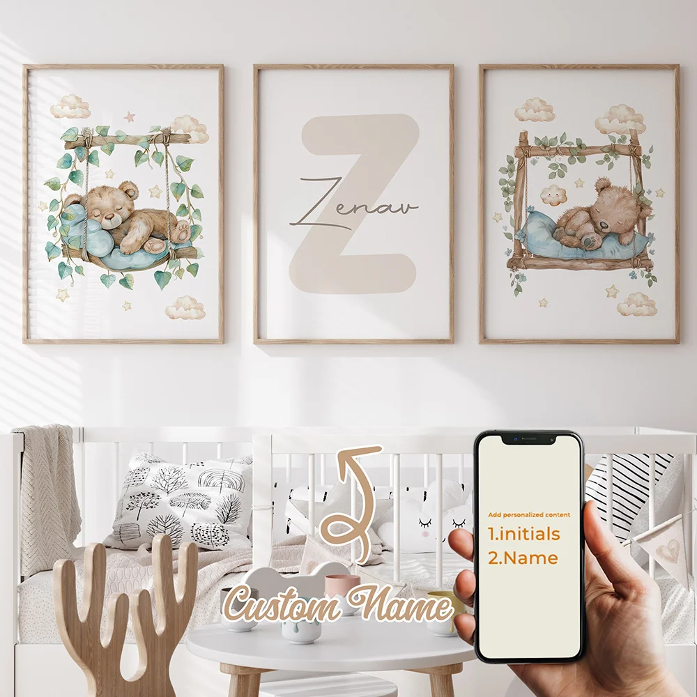 

3pcs Personalized Custom Name Cartoon Swing Bear Wall Art Print Picture Canvas Poster Painting For Living Room Home Decor