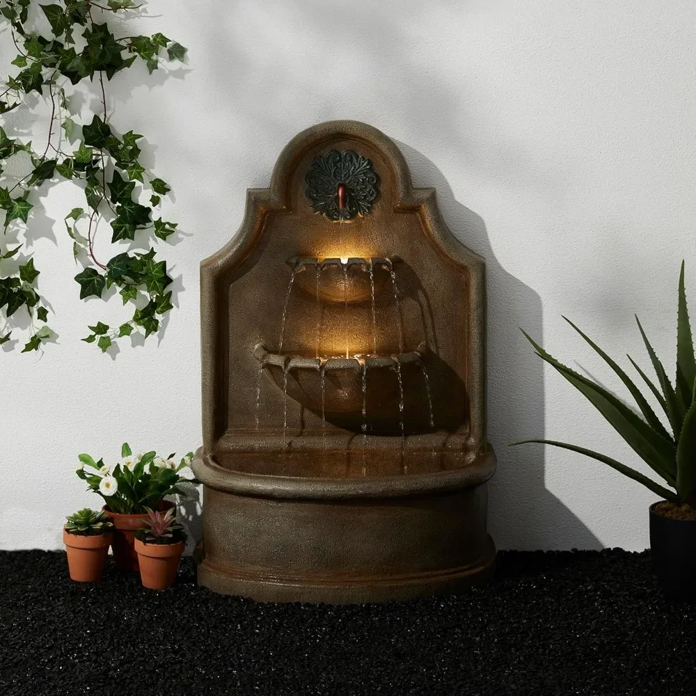 

Outdoor Wall Mounted Water Fountain with LED Lights and Pump, Oversized Antique European Style 3-Tier Polyresin Cascad