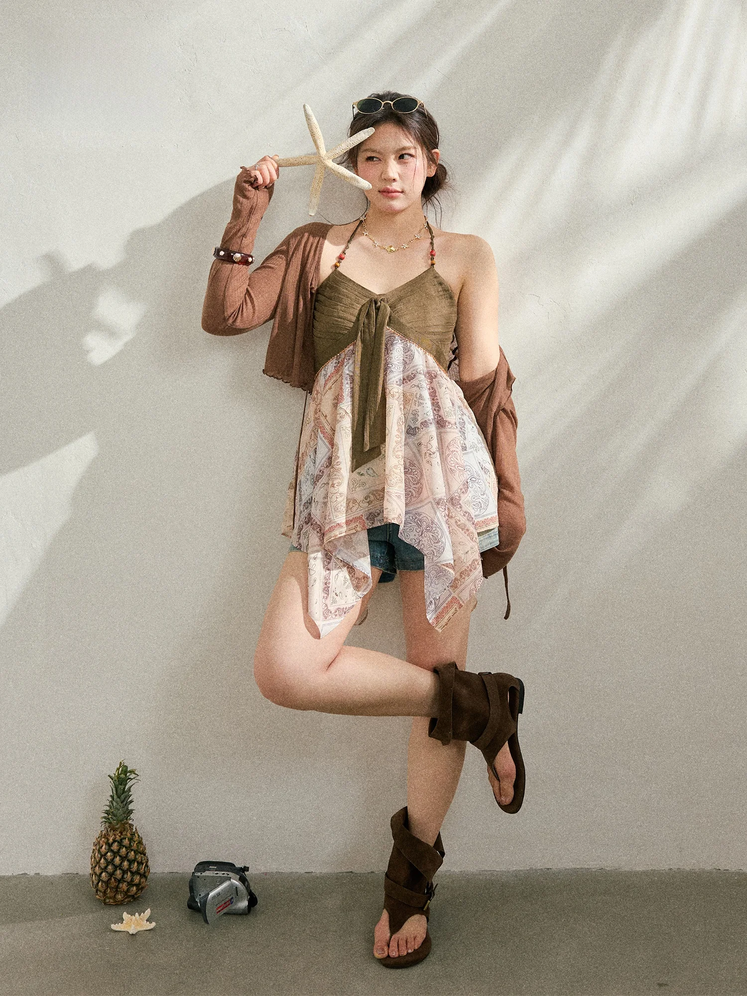 

Evening Beach Vintage Ethnic Style Necklace Hanging Strap Cover up Set Korean Loose Fit High Waist Short Pants Long Sleeve