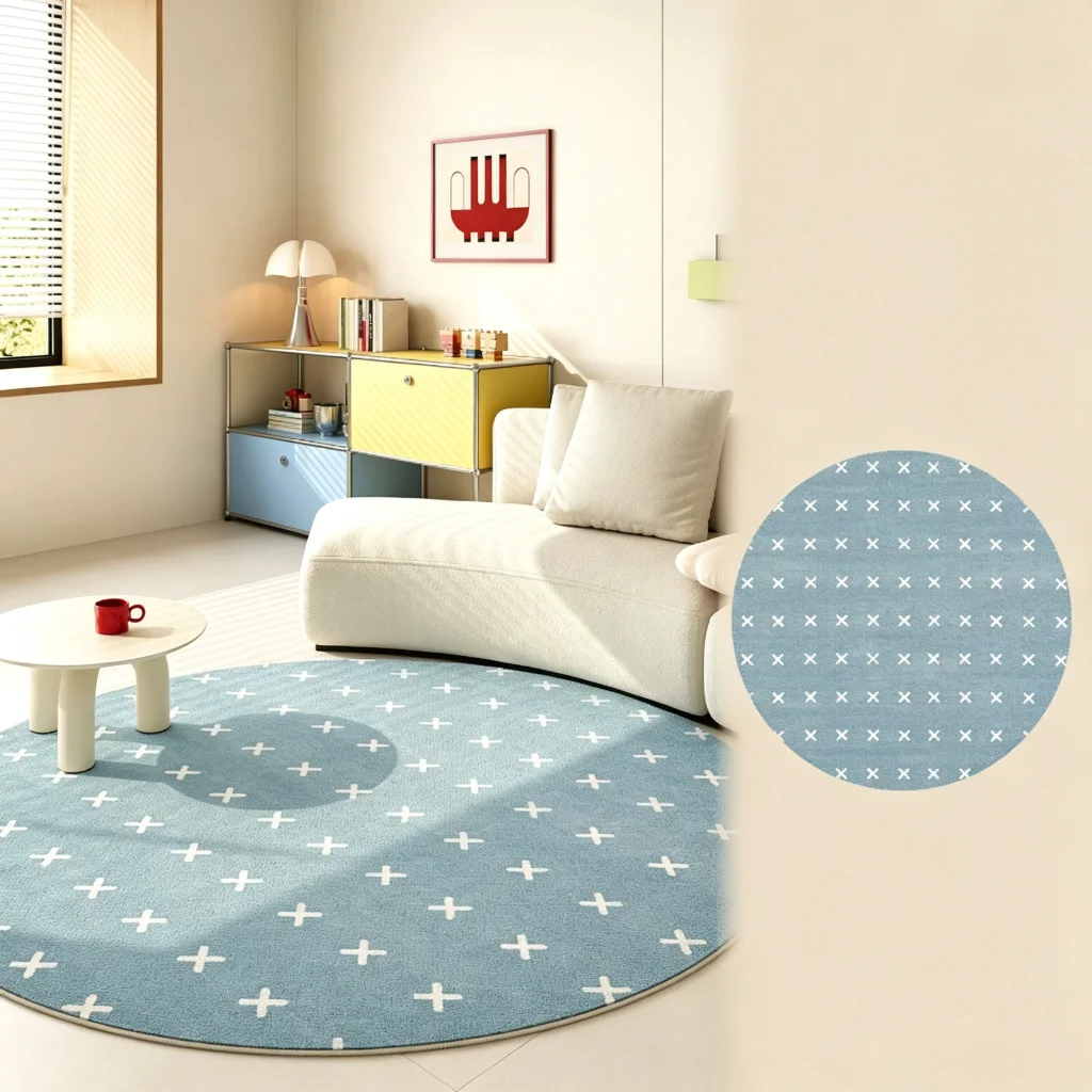 VIKAMA Cream Navy Blue X Cross Grid Check Border Round Area Rug Modern Graphic Soft Bedroom Home Decor Trendy Art Cozy Durable