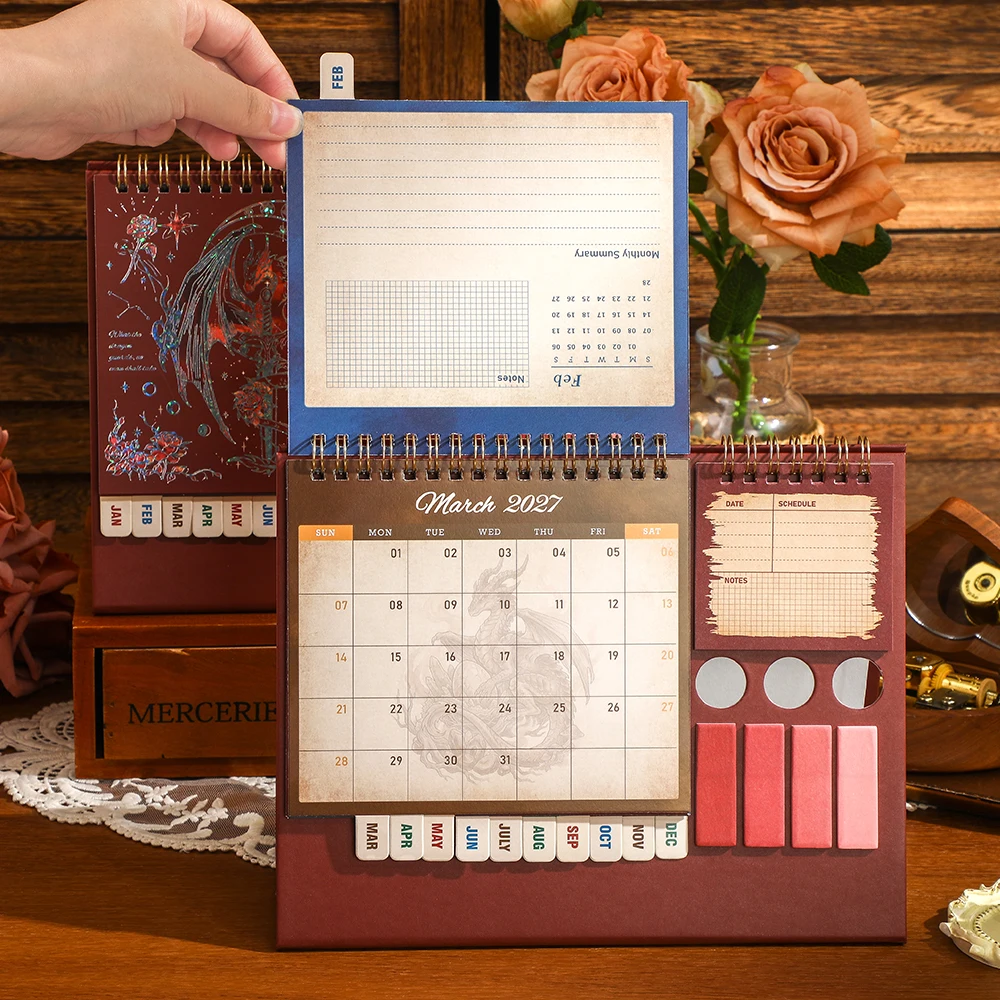 2027 Red Desk Calendar with Dragon Design Stickers Pen Holder All-in-One Organizer for Home Office School Daily Monthly Planning