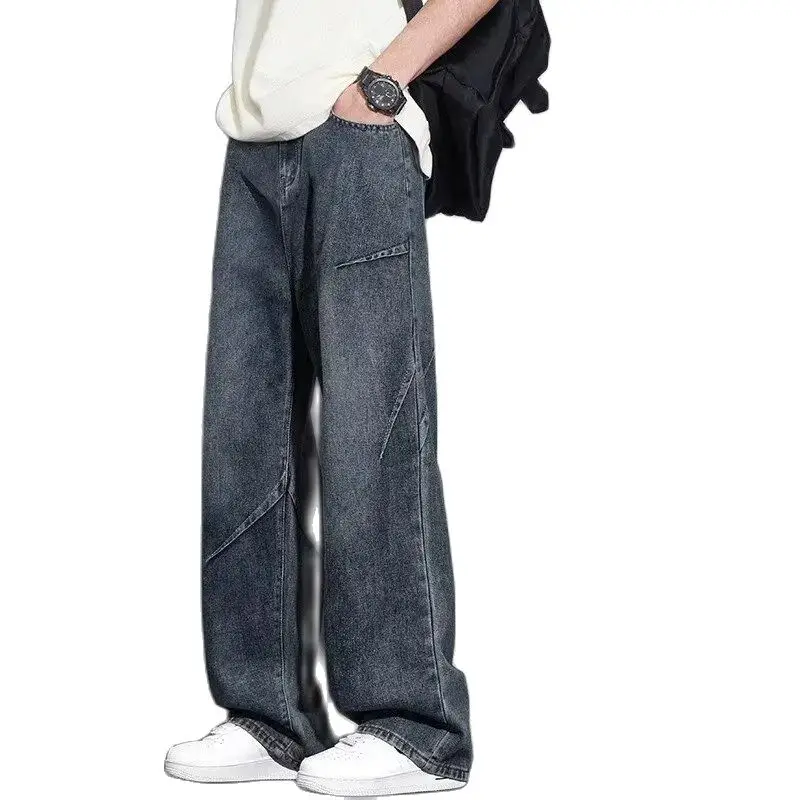 2025 nouveaux jeans hommes printemps et automne rétro lâche jambe droite pantalons décontractés marque de mode américaine haute rue couteau incurvé casserole