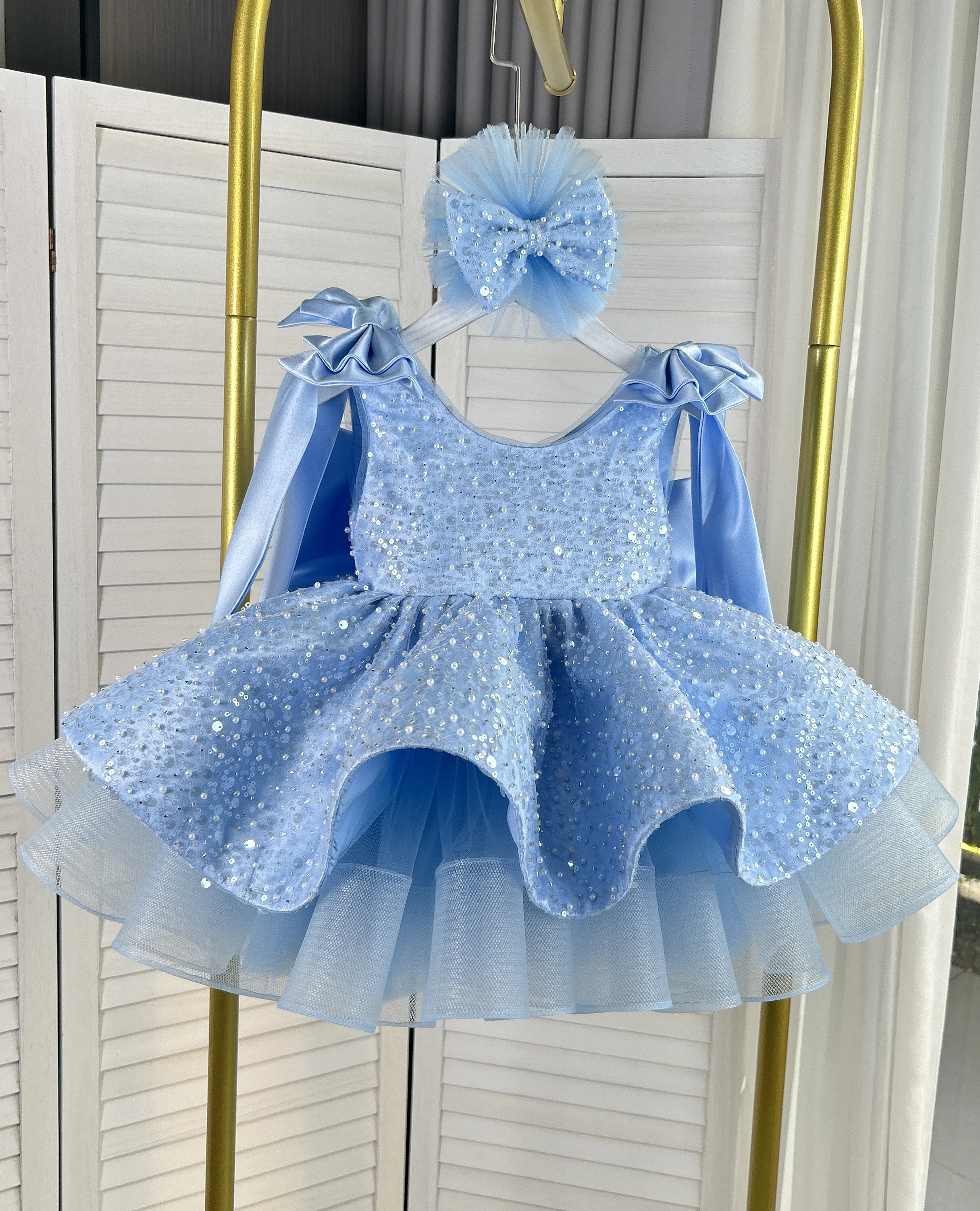 Light Luxury Baby Girl Beauty Pageant Dress with Sequins Big Bow Birthday Party Dress Flower Girl Dress Wedding Customized view 6