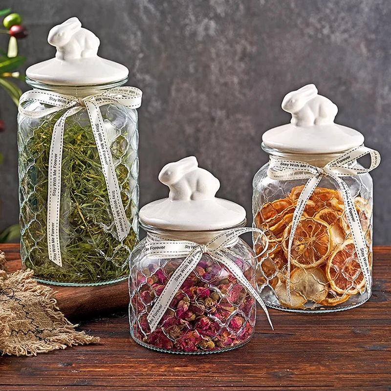 Glass Storage Jar Rabbit Ceramic Cover Glass Bottle Tea Cereal Candy Storage Jar Kitchen Storage Supplies Glass Container