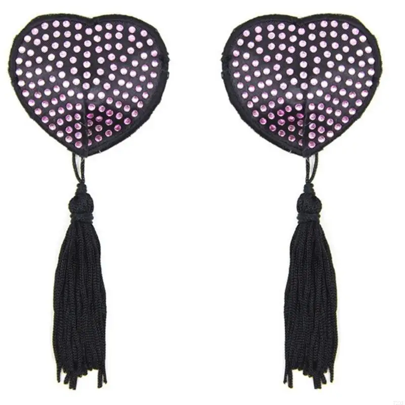72XE Women Adhesive Nipple Cover Rhinestones Heart Pasties with Tassels Reusable Chest Stickers Breast Cover Bra Pads