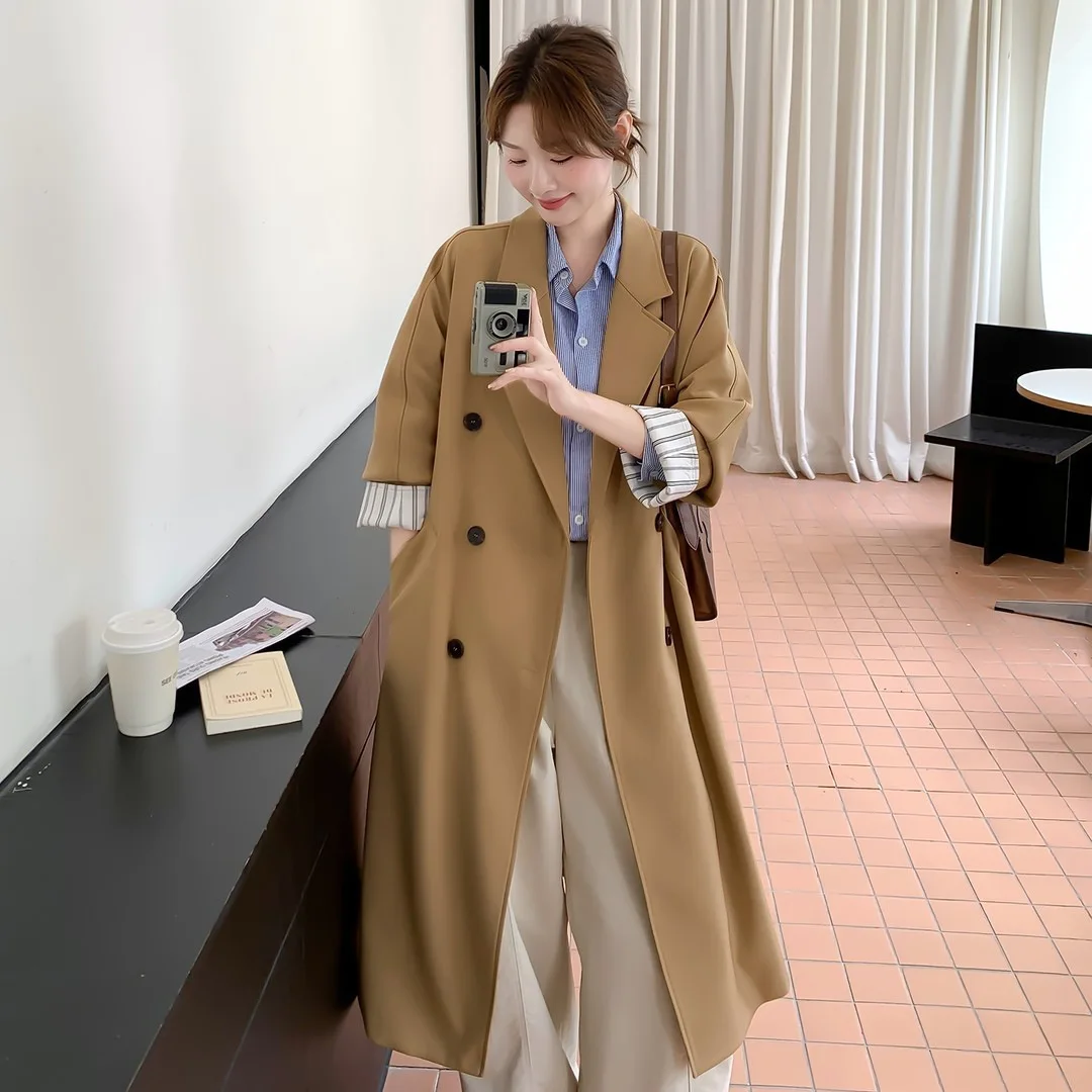 

SuperAen Повседневные пальто с отложным воротником в английском стиле, двубортные однотонные простые длинные плащи