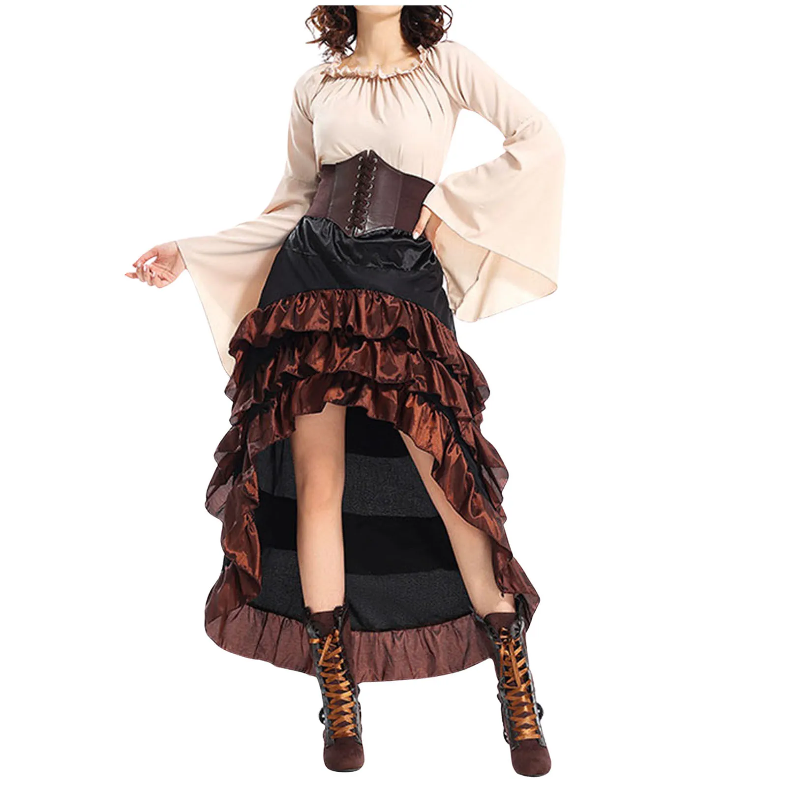 

Cosplay Vintage Steampunk Dress Victorian Medieval Ruffled Satin & Lace Trim Gothic Skirts Women Corset Skirt Pirate Costumes