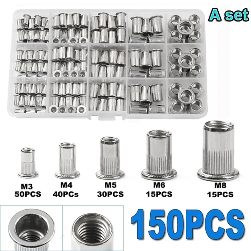 150 قطعة الفولاذ المقاوم للصدأ برشام المكسرات عدة M3/M4/M5/M6/M8 + 1 قطعة جوزة برْشام بندقية + 5 قطعة الجوز برشام Flatheadscrew تجعيد ذو طيات أدوات إصلاح