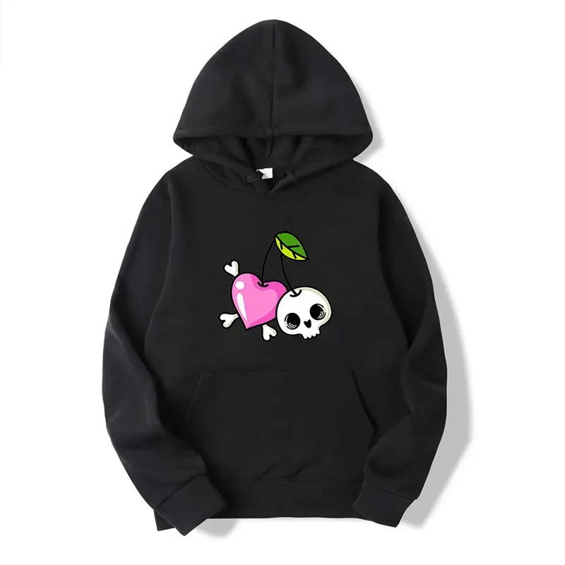 Felpe con cappuccio con stampa di teschio e cuore di ciliegia dolce Felpa allentata moda donna Top con cappuccio casual Hip Hop femminile streetwear