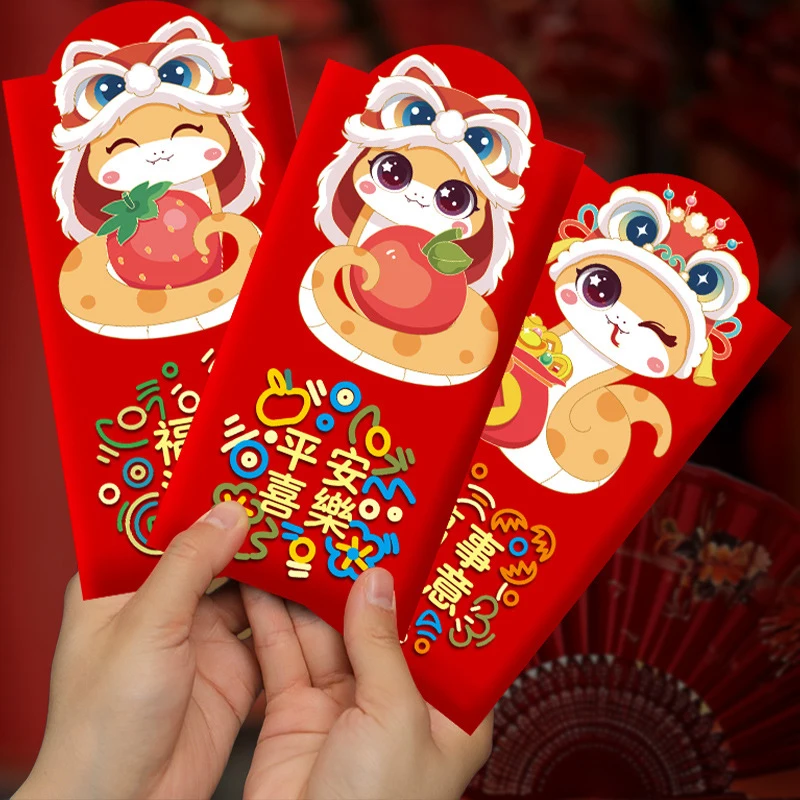 6Pcs 2025 Snake Year Red Packet Cartoon Cute Snake Theme Lucky Red Envelopes Creative New Year Money Pockets Gifts