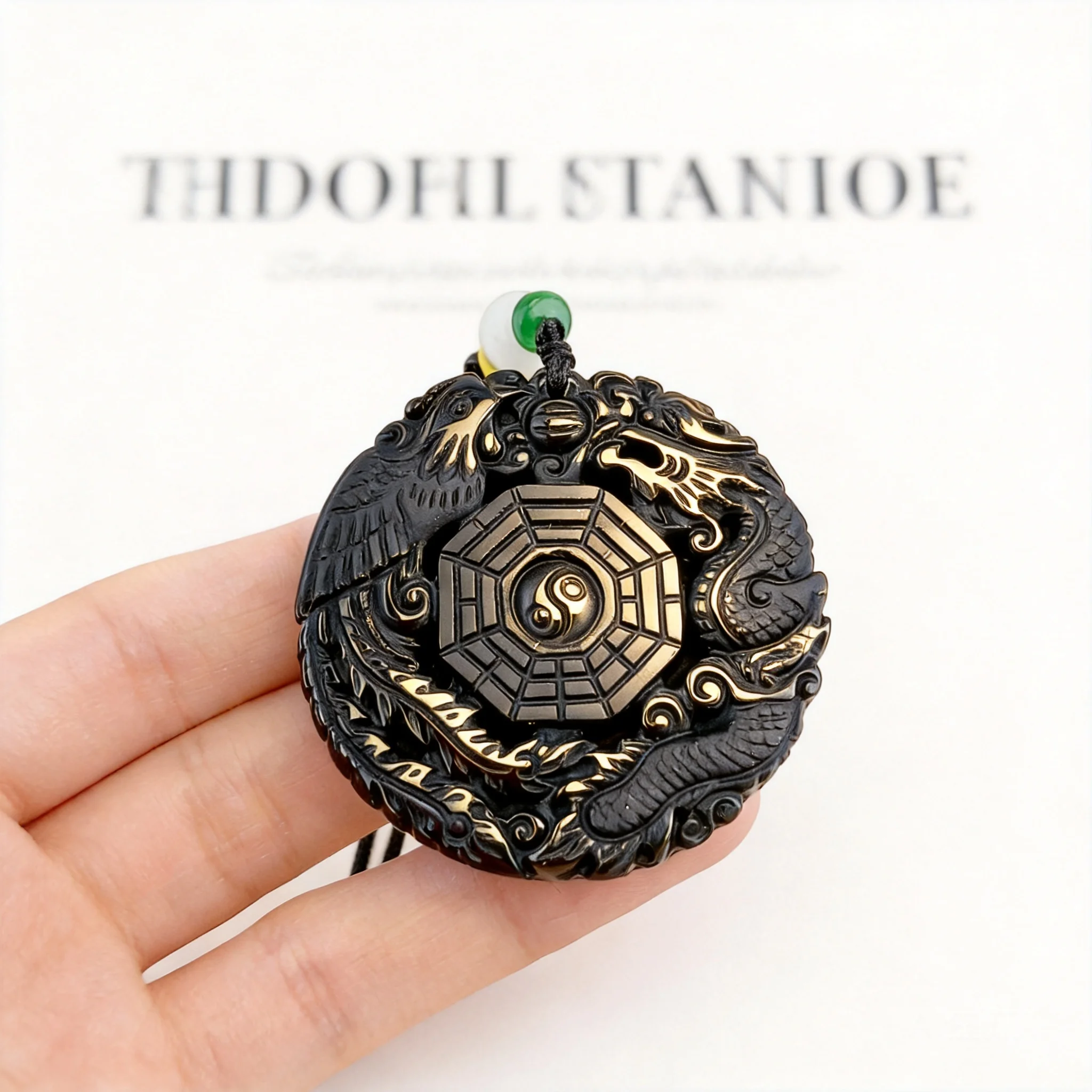 Natural Obsidian Dragon Phoenix Carved Tai Chi Bagua Pendant Necklace Lucky Fortune Attracting Good Luck Blessing Unisex Sweater