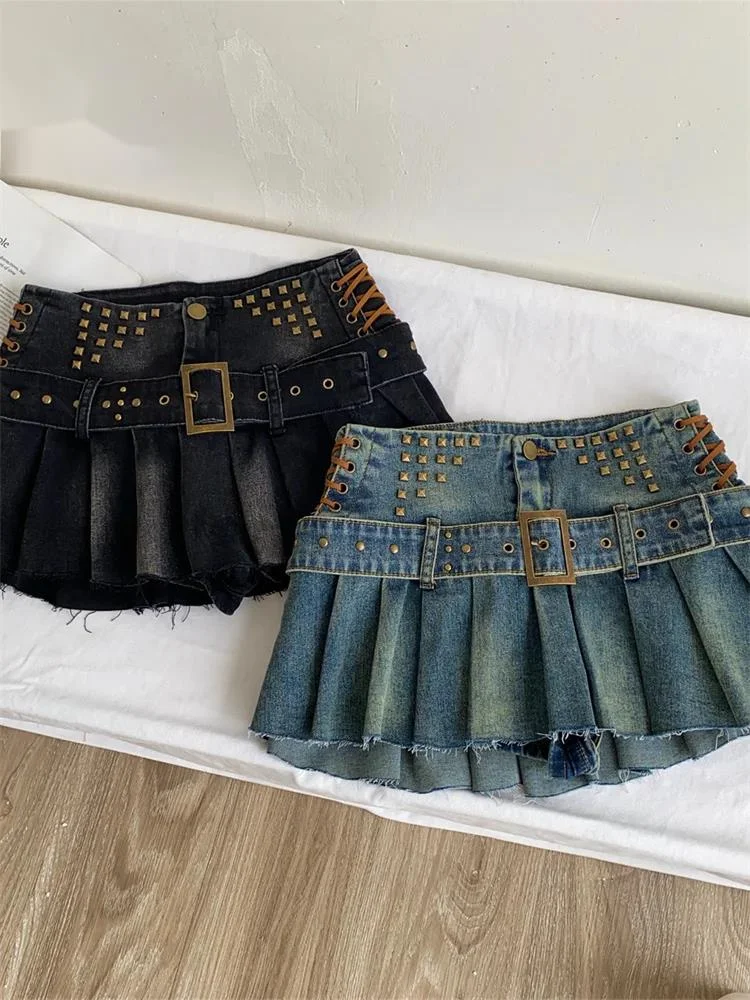 Autumn Retro Rivet Denim Skirt Women Slim Belt Raw Hem Pleated A-line Trendy Street Harajuku Y2K Hotsweet Mini Skirt