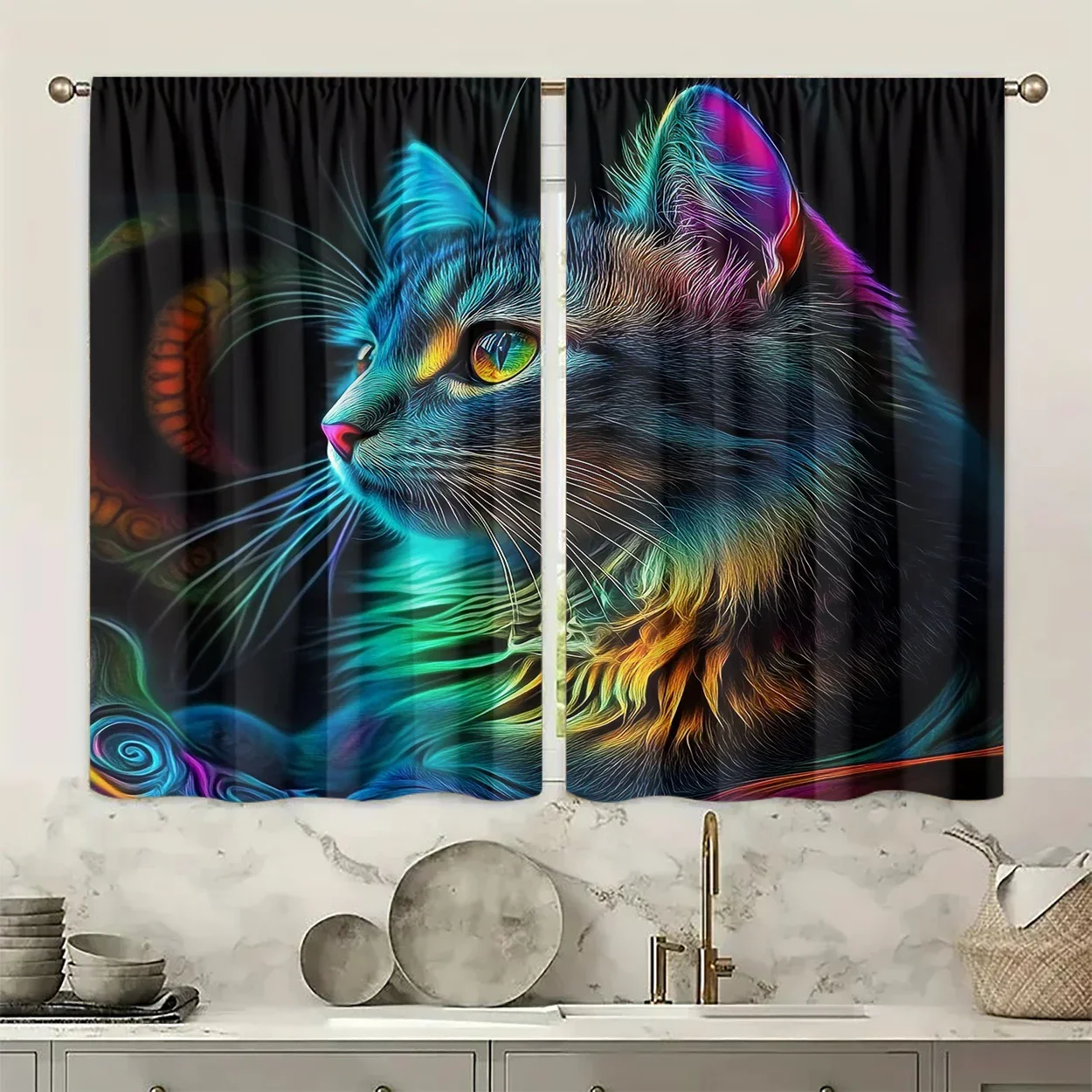 High-definition kitten printed curtains, pole bag curtains, bedroom and living room, home decoration, room decoration