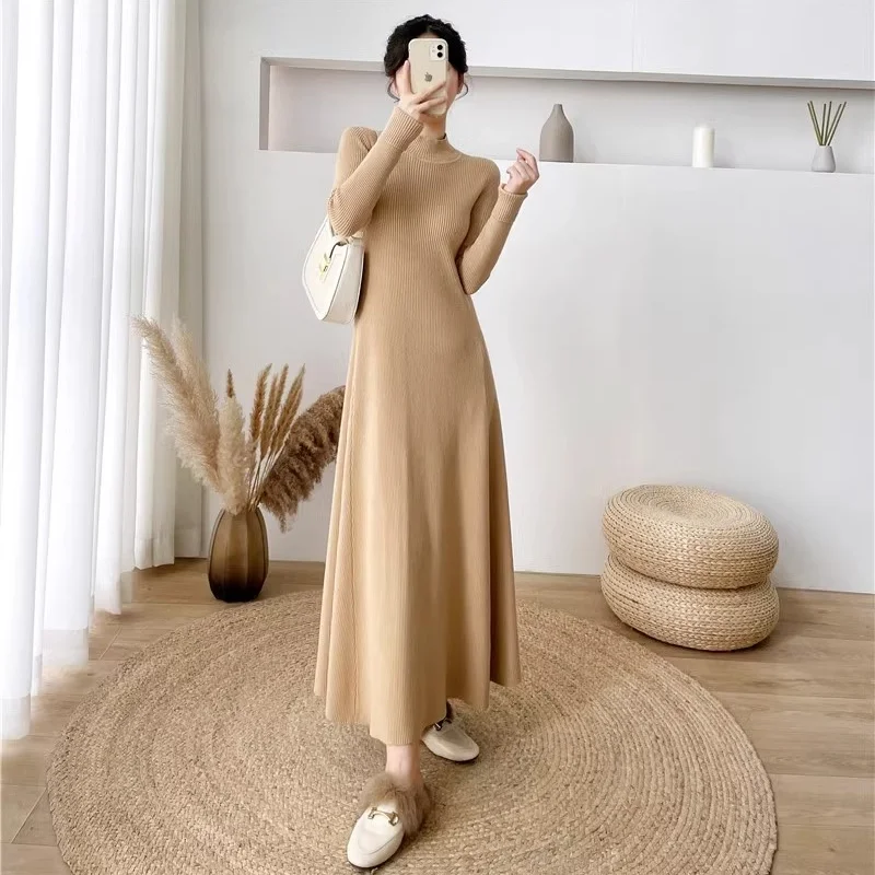 

Elegant Women's Long Dress Mid High Necked Fashionable High Street Basic Warm Sweater Ladies Knitted Clothes Dress New 2025