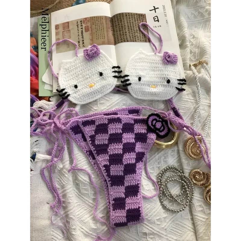 

Lady's Cute Crochet Bikini Set 2 Pieces Bathing Suit Sexy Micro Bikinis 2025 Ties Swimsuit Thong Swimwear Women Swimming Suit