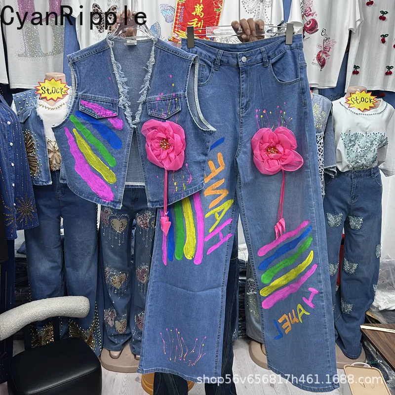 3d Flowers Diamonds Graffiti Women Denim Sets Fashionable V-neck Sleeveless Vests Coat + High Waist Wide Leg Casual Trousers