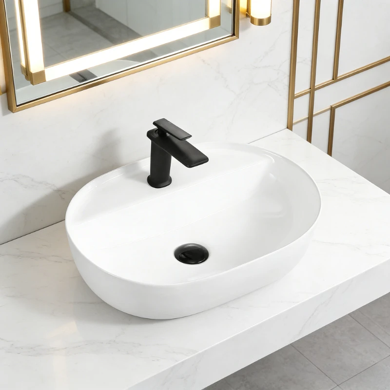 Elegant Ceramic Vessel Sink Oval Design Ceramic Wash Basin Modern Bathroom Fixtures Suitable for Dressing Rooms Bathrooms
