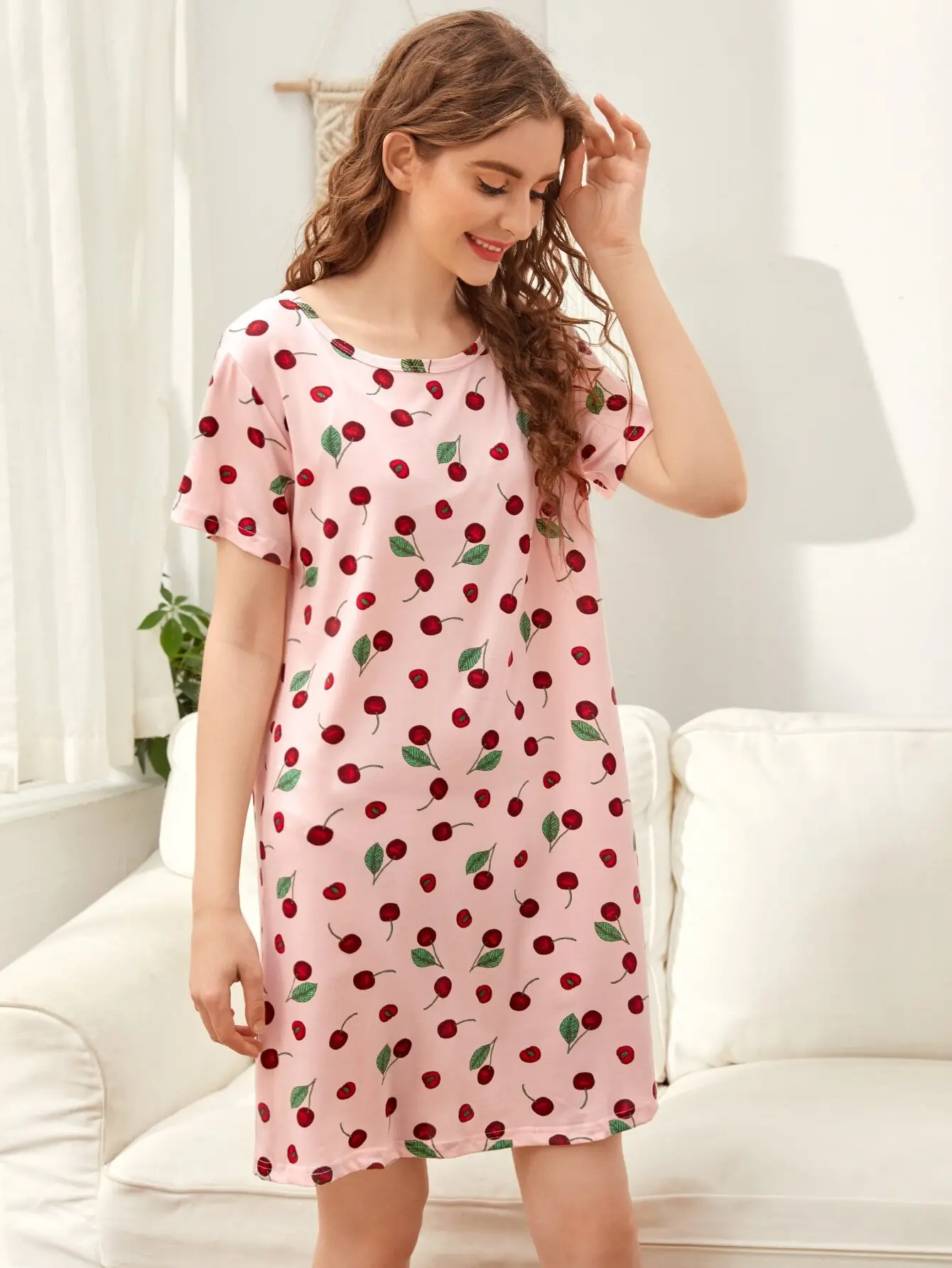 

Cherry Print Short Sleeve Sleep Dress for Women, Sweet Pink Nightgown