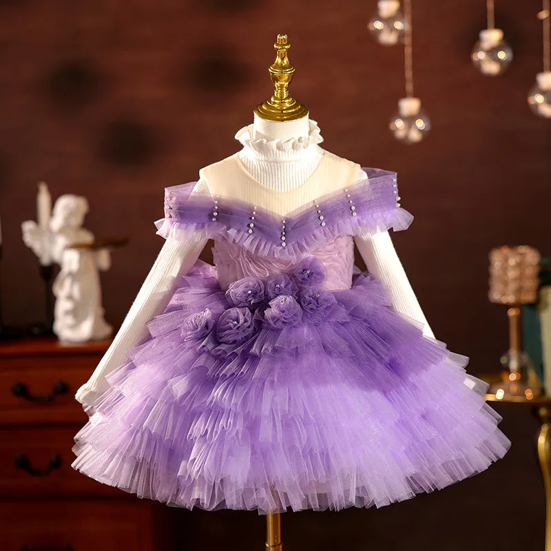 Vestido morado de un hombro para niñas, vestido de boda con flores, vestido de fiesta de princesa para desfile, vestido de boda para niñas con flores ﻿