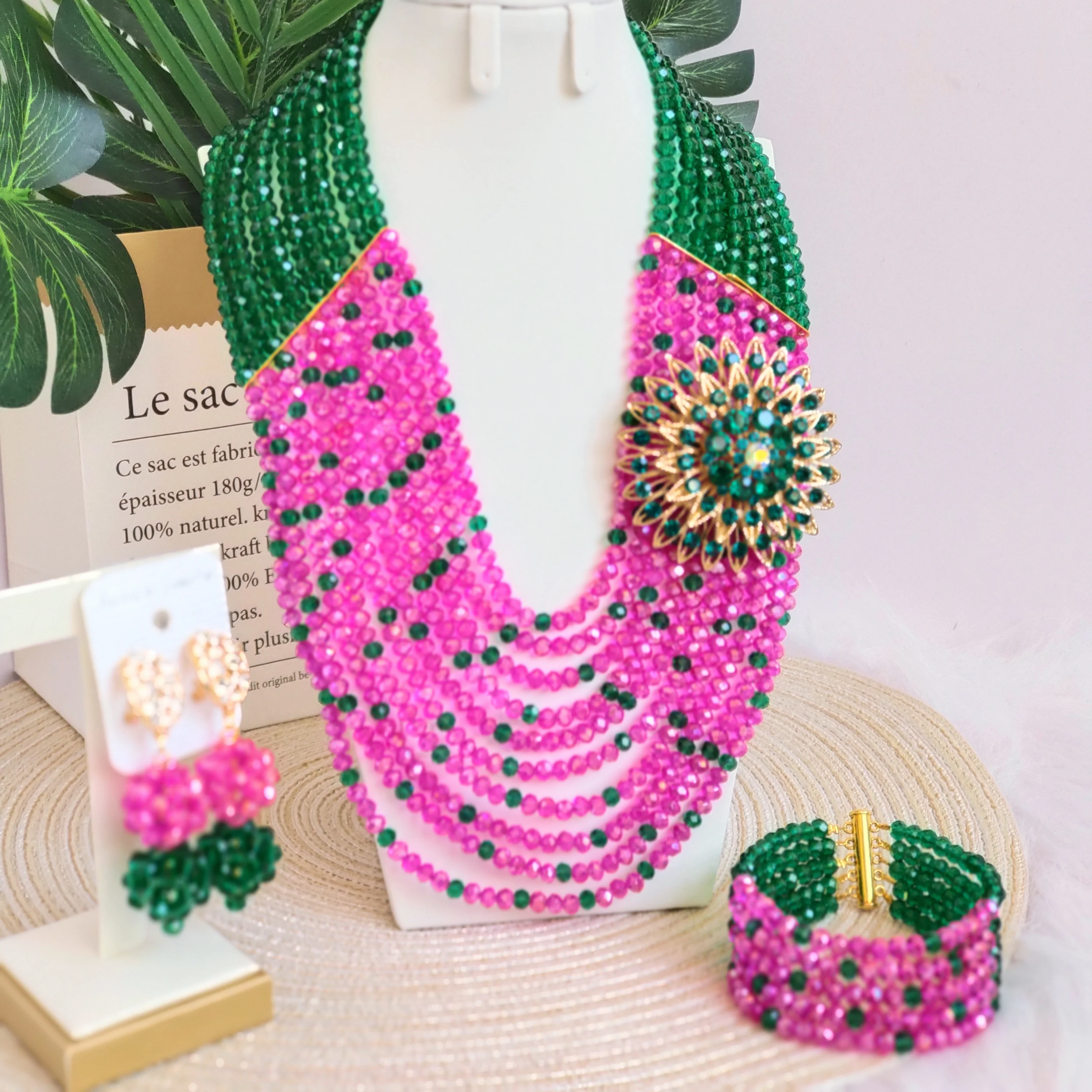 Army Green Fuchsia Pink Crystal Beaded Nigerian Traditonal Wedding Jewelry Sets