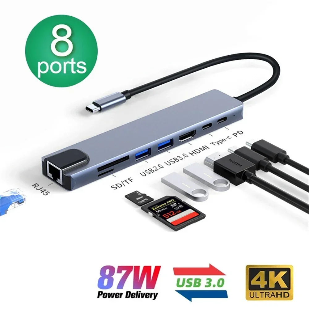 

8 In 1 USB C Hub Type C 3.1 To 4K HD Adapter with RJ45 SD/TF Card Reader PD Fast Charge for MacBook Notebook Laptop Computer