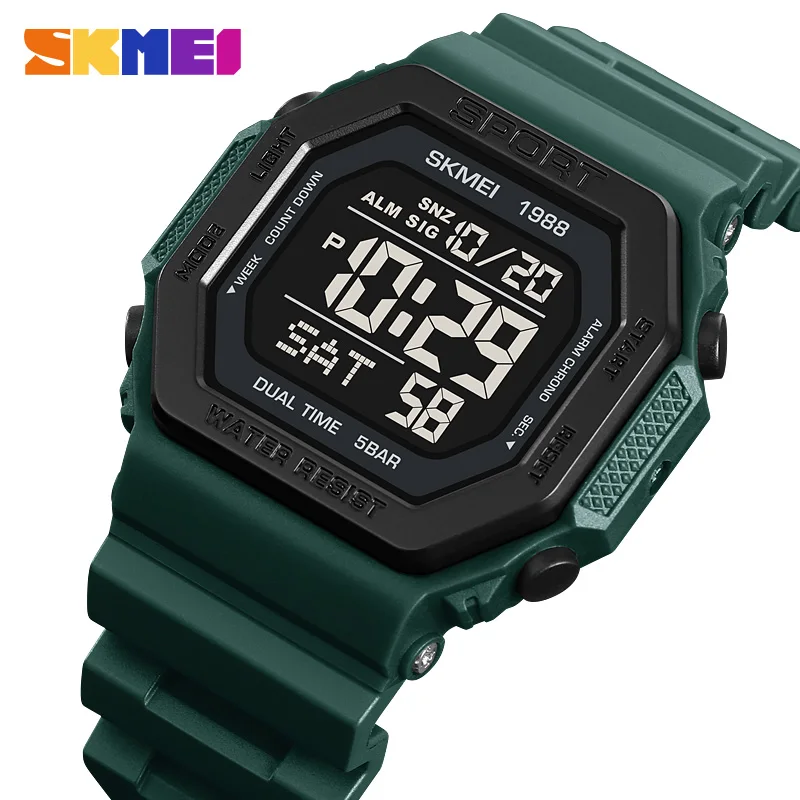 

SKMEI 1988 5Bar Waterproof Alarm Clock reloj hombre Back Light Digital Sport Watches Mens Military Countdown Chrono Wristwatch