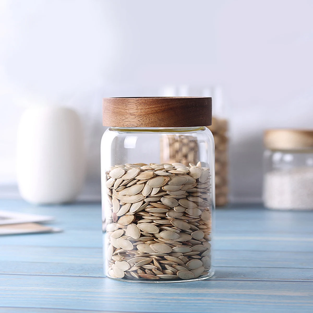 

Glass Bottle Wooden Cover Sealed Jar Containers with Lids Jam Storage Kitchen Canister
