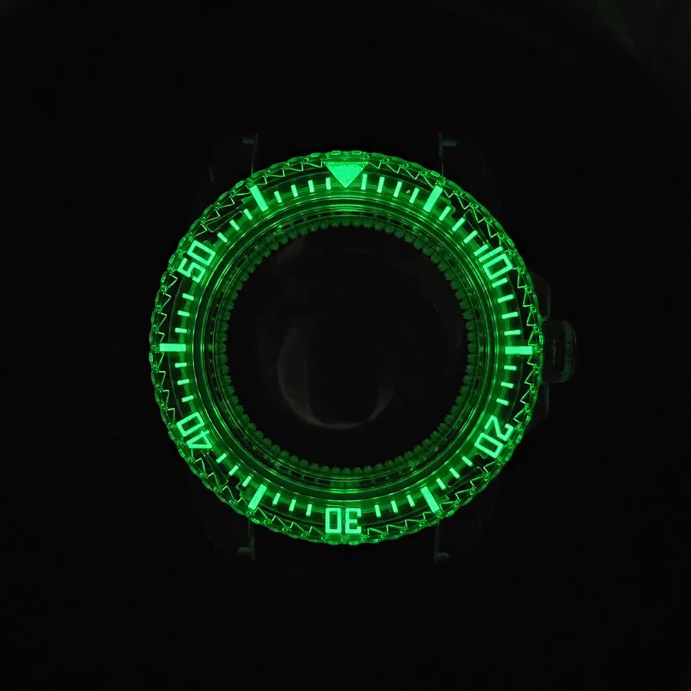 Cassa per orologio trasparente da 40 mm Set di cinturini per orologi da 20 mm Custodia in plastica acrilica luminosa verde per cinturino per orologio in gomma con movimento NH35/NH36