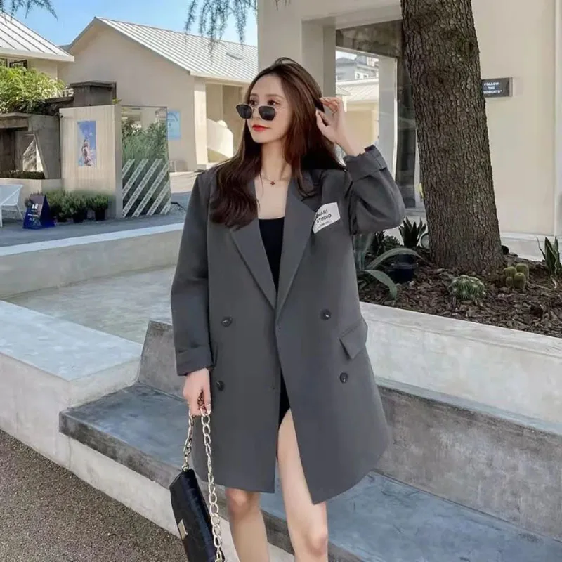 

2025 Spring Autumn New Blazer Jacket Women's Outerwear Fashion Loose Medium and Long Korean Double-Breasted Y2k Blazer Tops