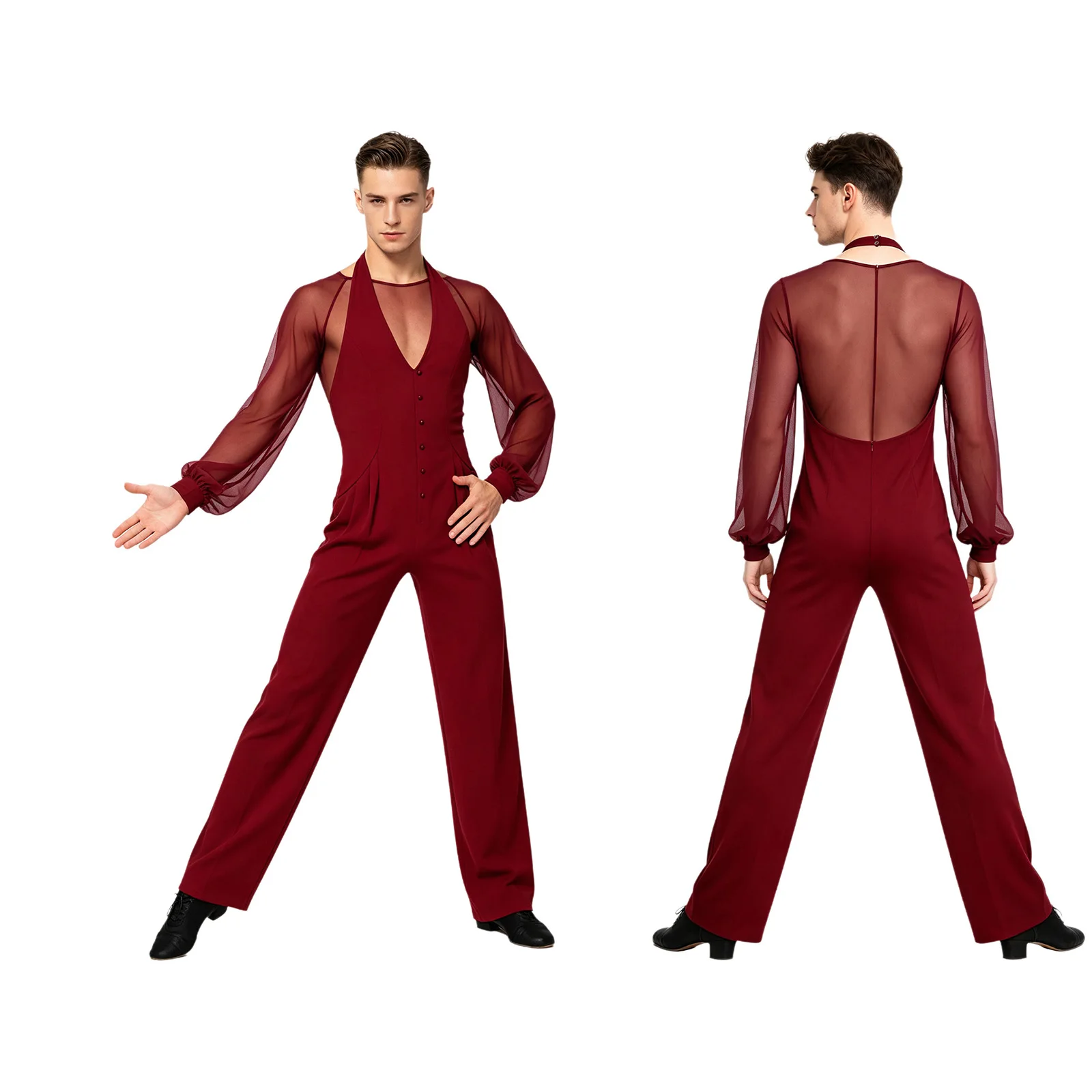 Men Latin Dance Costume Deep V Halter Sleeveless Backless Zipper Jumpsuit Cha-cha Tango Ballroom Rumba Stage Performance Rompers