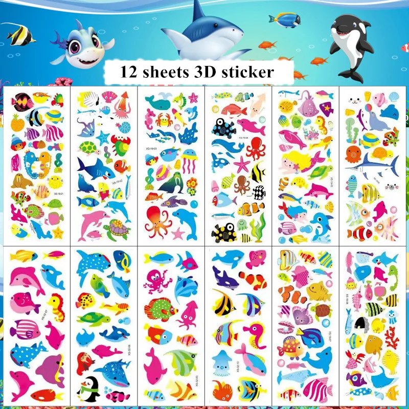 12 Sheets Marine Animals  Sea Life  Sea World Series Non-repeating PVC Stickers Theme Kids Party Favors Small Gift