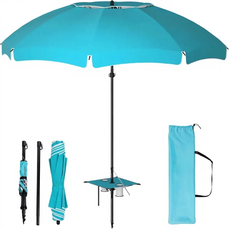 7FT Folding Beach Umbrella with Sand Anchor Push Button Tilt UPF50+ Portable Sun Shade Parasol Carry Bag for Pool Patio Camping