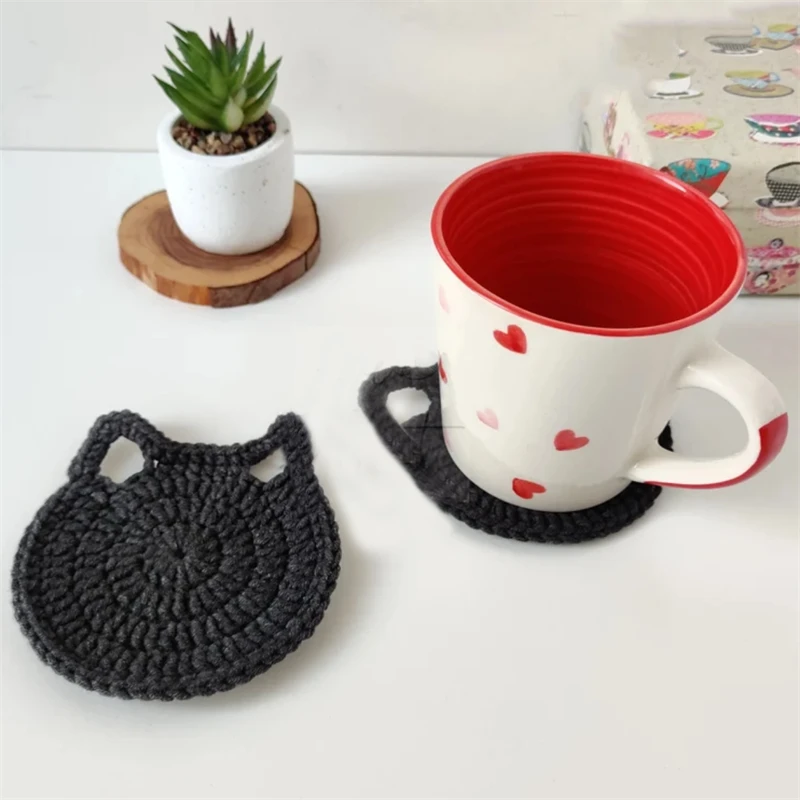 Handmade crocheted Fashion Hollow cat ear style Anti-slip insulation home Kitchen tabletop decor Cute cartoon Funny coasters