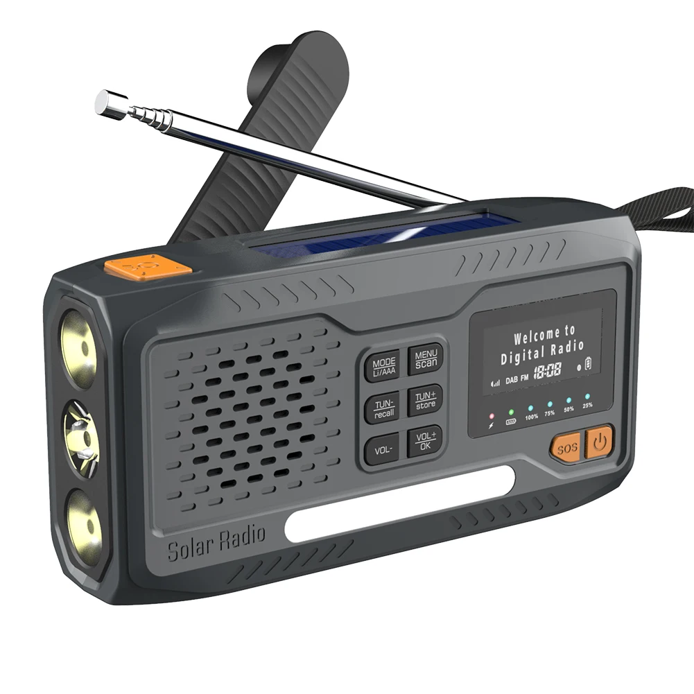 Solar Hand Crank Multifunction Radio 2000mAh Rechargeable DAB/FM/Bluetooth-Compatible Radio 4 Ways Powered SOS Alarm for Camping